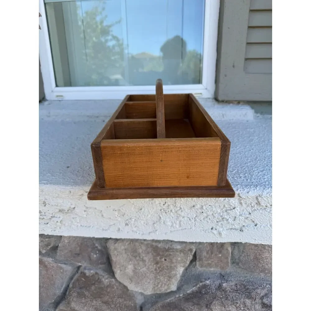 vintage country primitive wooden storage caddy with heart cutout handle 80s 90s